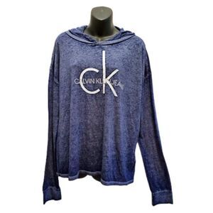 Calvin Klein Jeans Blue Burnout Monogram Logo Hoodie Tee L Grungecore